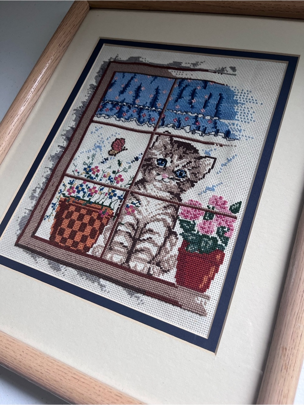Vintage Whimsy Cat Cross Stitch Art Cottagecore Fairycore Needlepoint Cat Decor